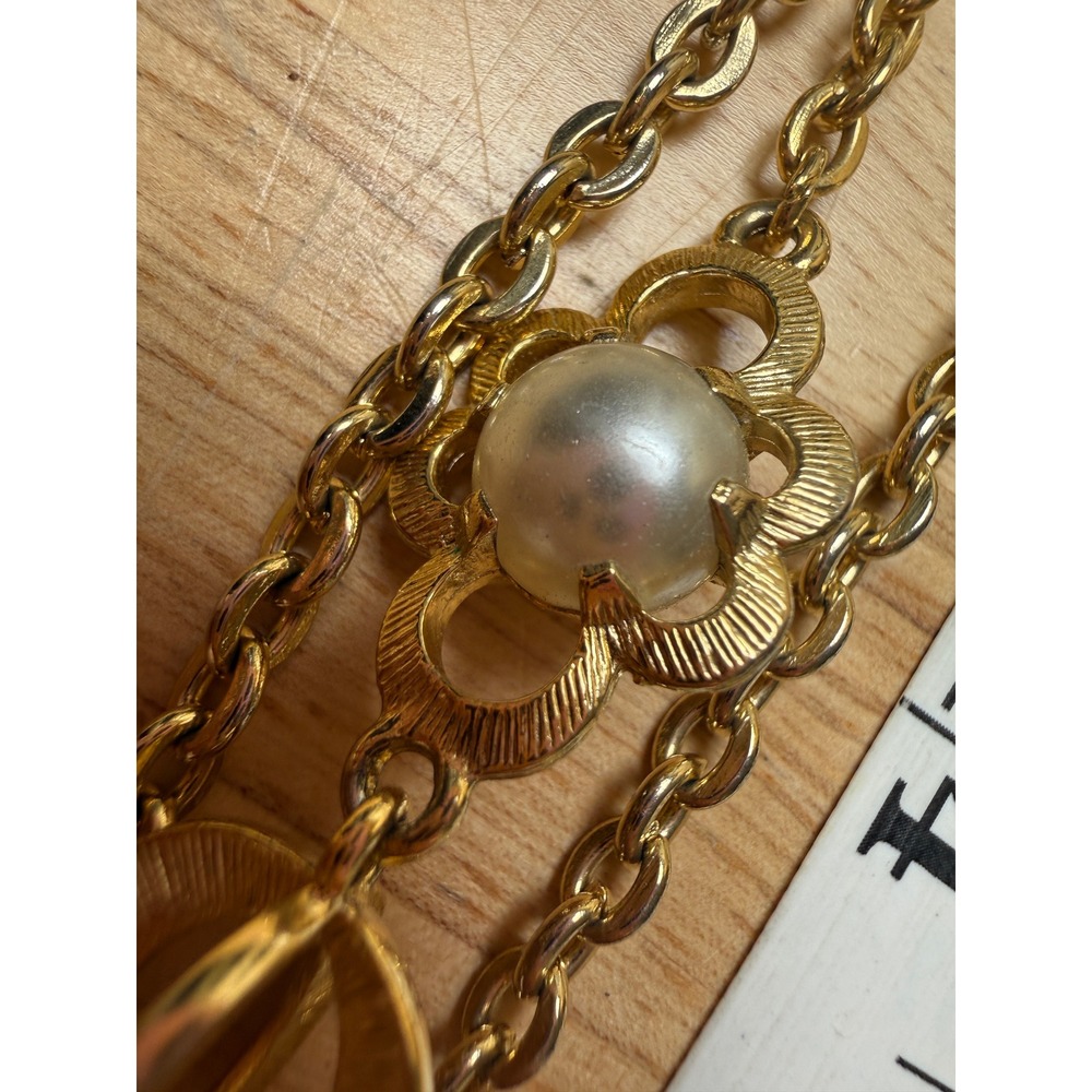 Vintage Gold Faux Pearl Floral Station Long Double Strand Chain Necklace Retro - Picture 9 of 9